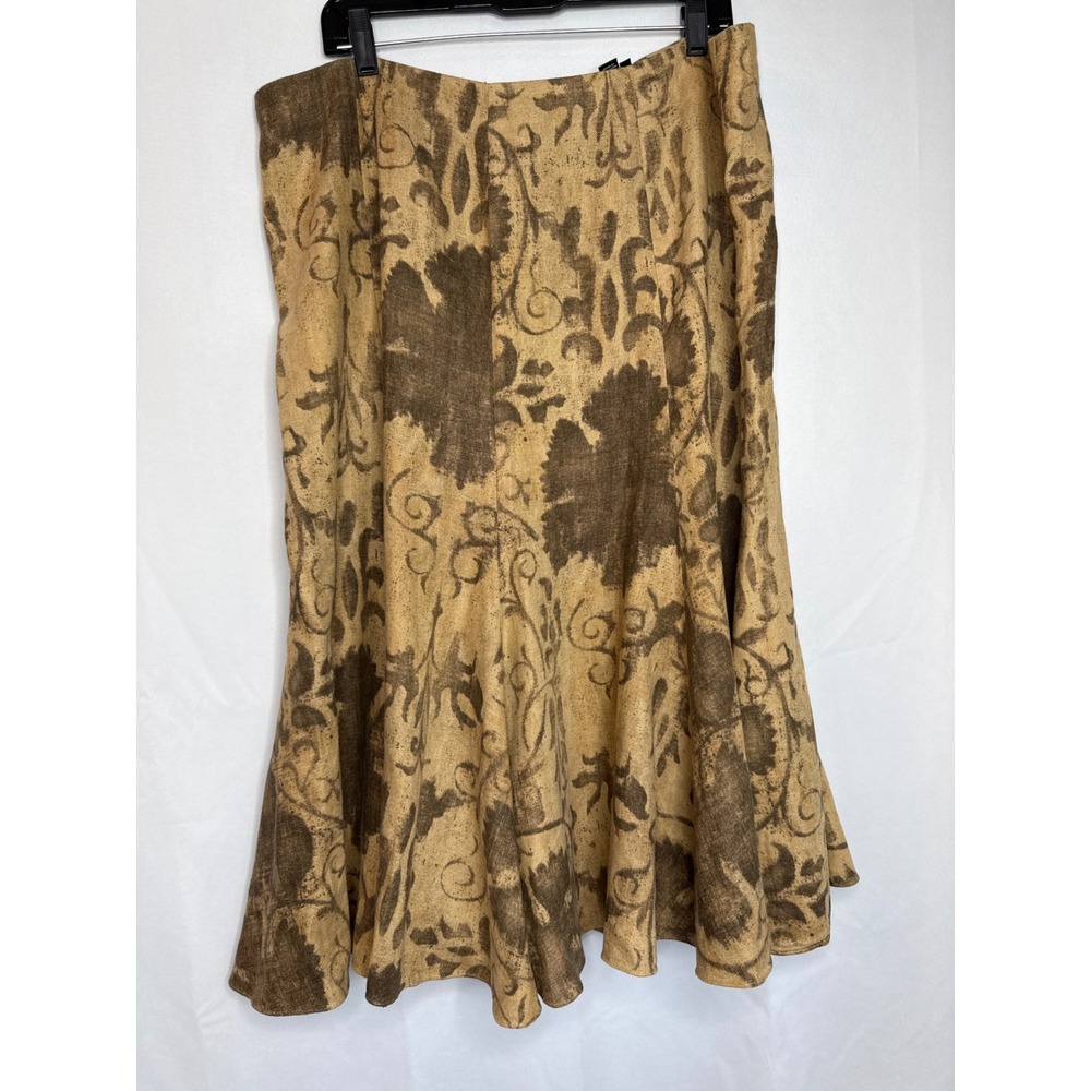 Lauren Ralph Lauren 100% Linen Floral Damask Midi Skirt Brown Tan Size 14